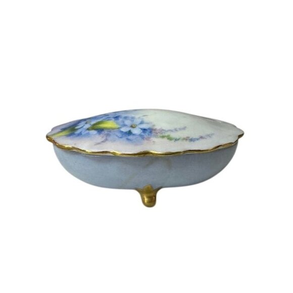 Antique Hand-Painted Floral Porcelain Trinket Box With Lid - Picture 2 of 5